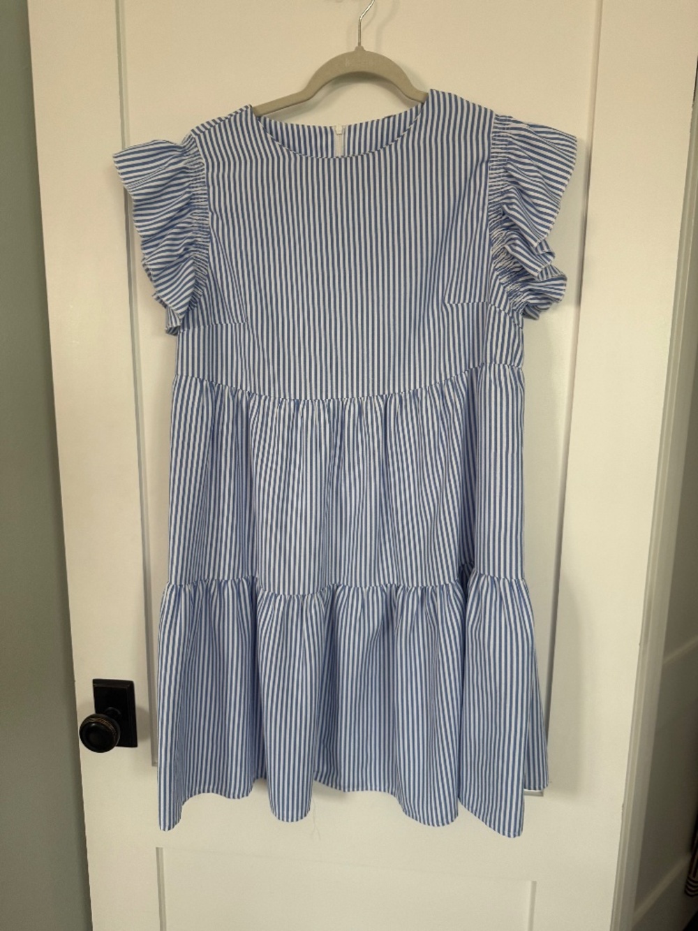 Blue & White Striped Ruffle Sleeve Tiered Dress (Size M - 10/12)